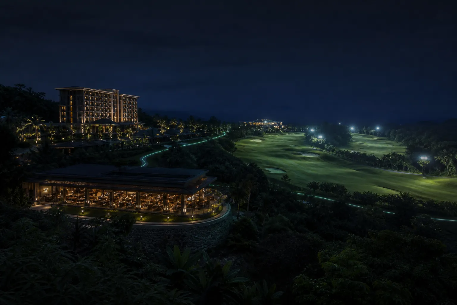 Hotel suites and restaurant dining hall with real-time digital telemetry data streams