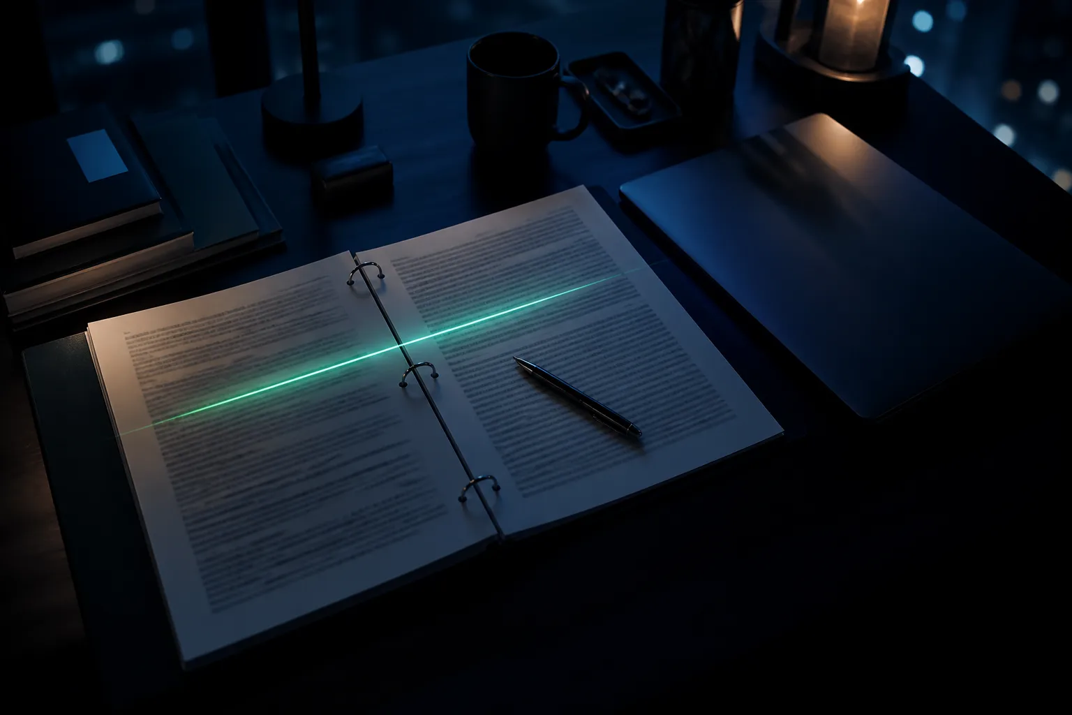An open ring binder of operational documentation on a dark desk, a pen resting on the page and a thin line of light falling across it