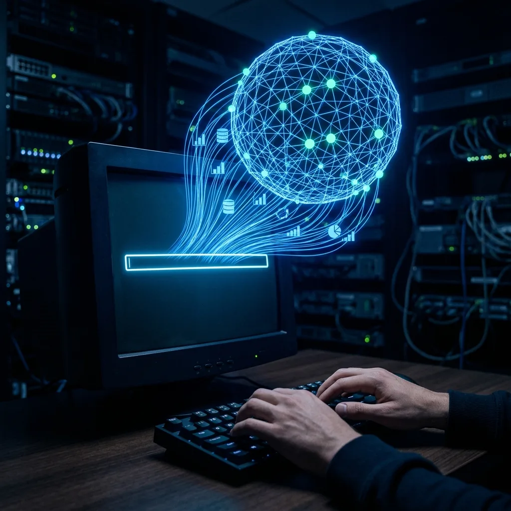 Hands typing a question into a legacy terminal while streams of business data flow upward into a glowing AI network, representing a natural-language question pulling data from old systems for frontier AI to analyze